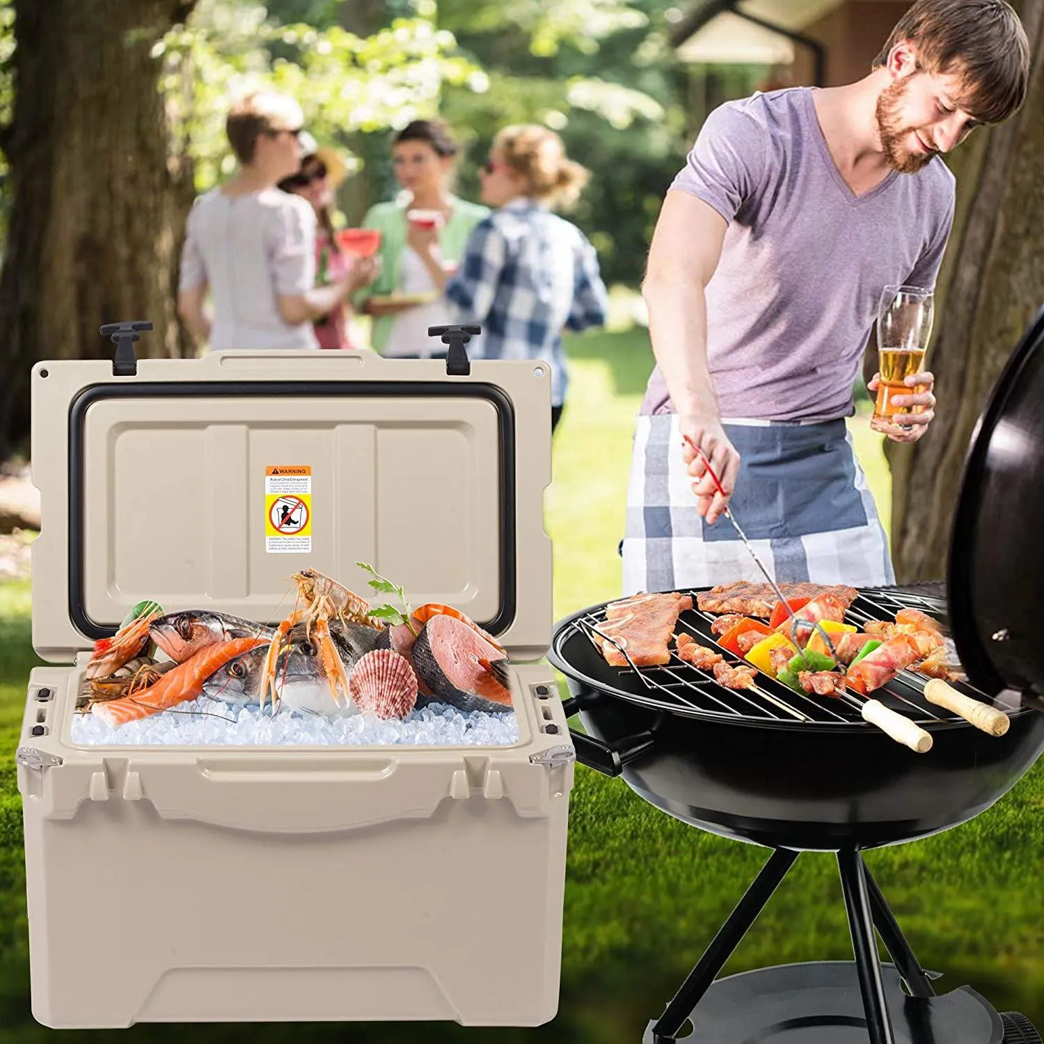 Rotomolded Cooler, 50QT Tan Cooler with Built-in Cup Holder, Bottle Openers, and Fish Ruler