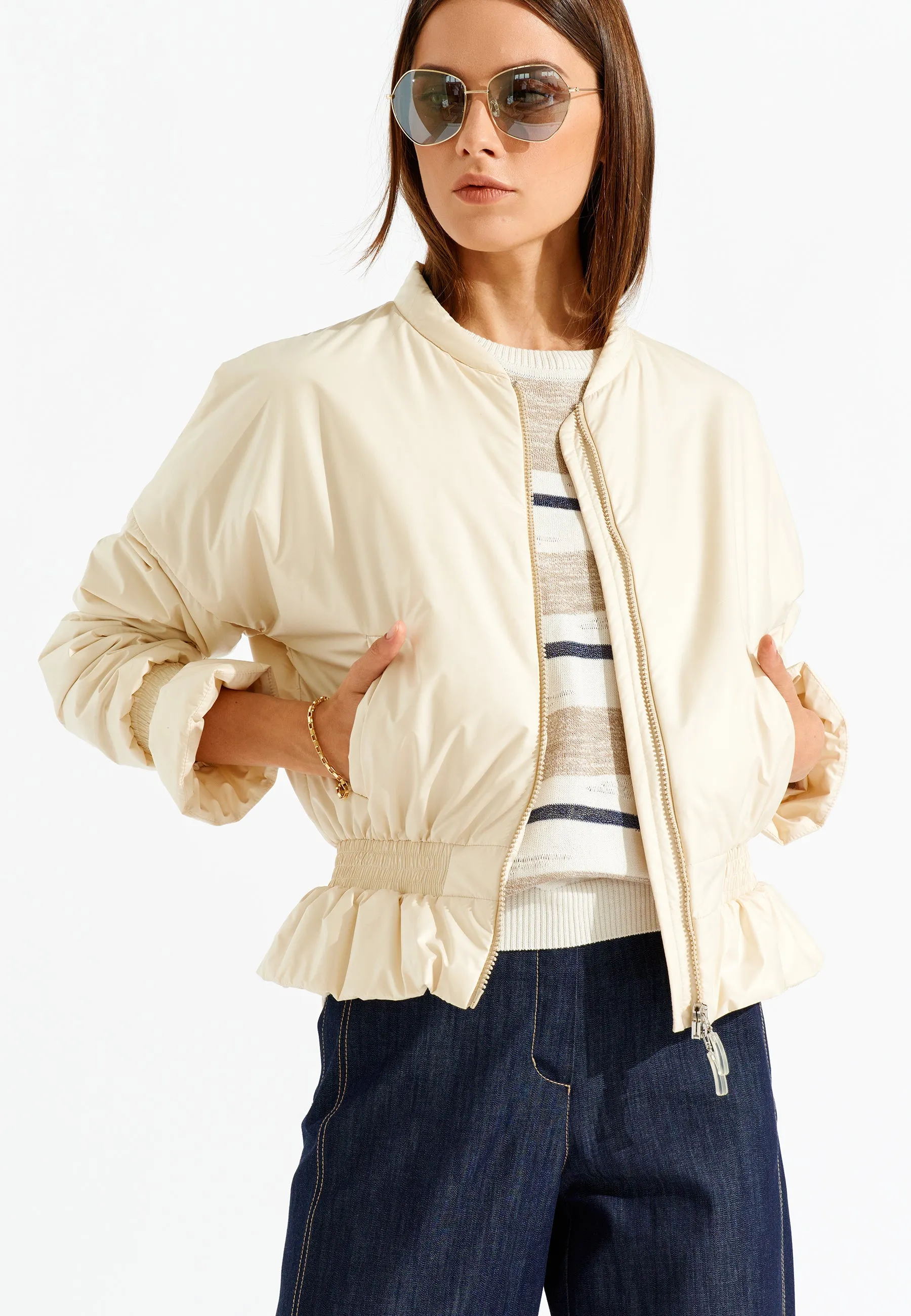 Ruffle Cuff & Hem Zip Up Bomber Jacket