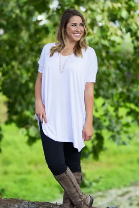 SALE-Short Sleeve V-Neck Piko Tunic - White