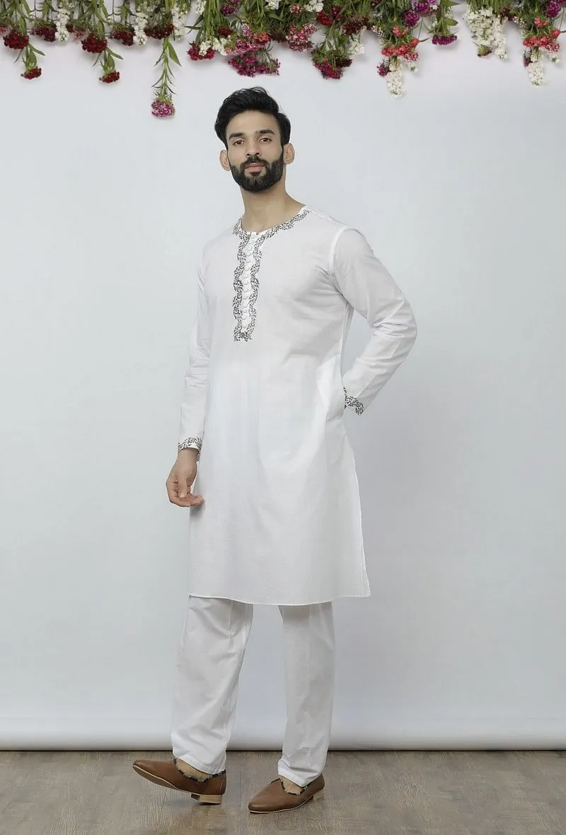 Set of 2: White Cotton Block Print Kurta and Salwar