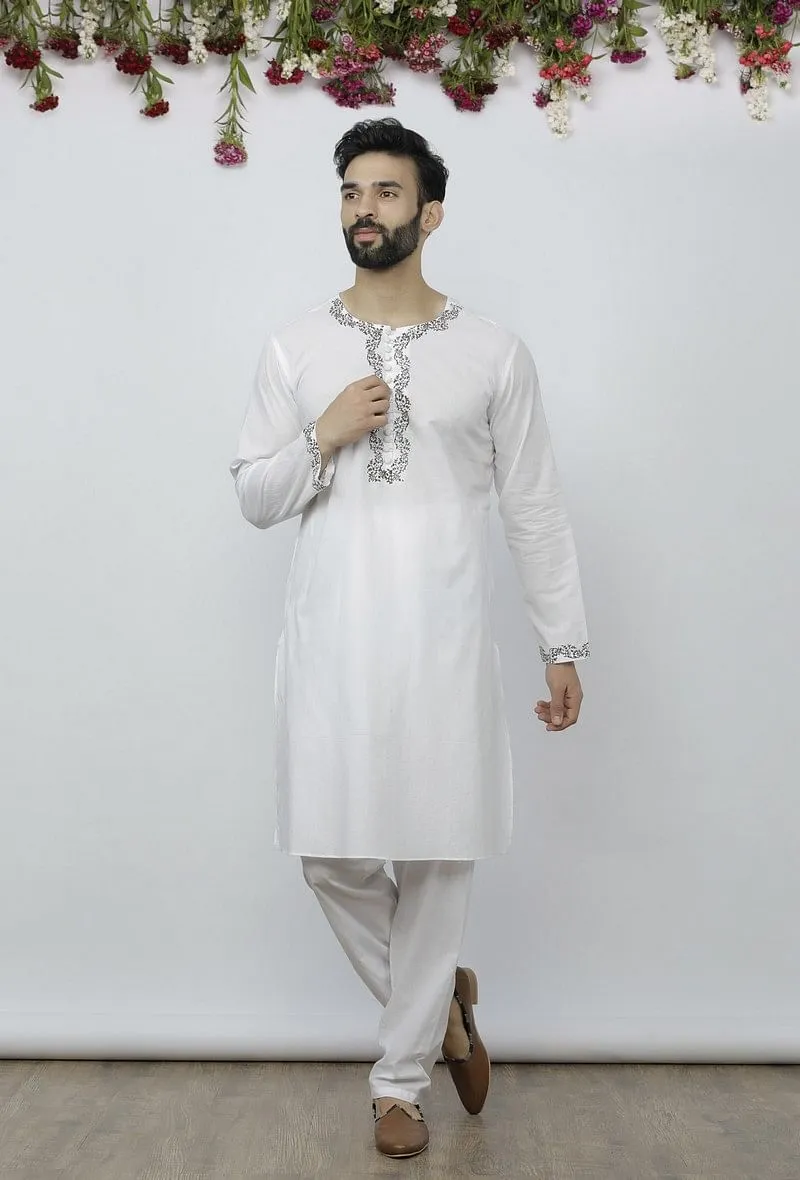 Set of 2: White Cotton Block Print Kurta and Salwar