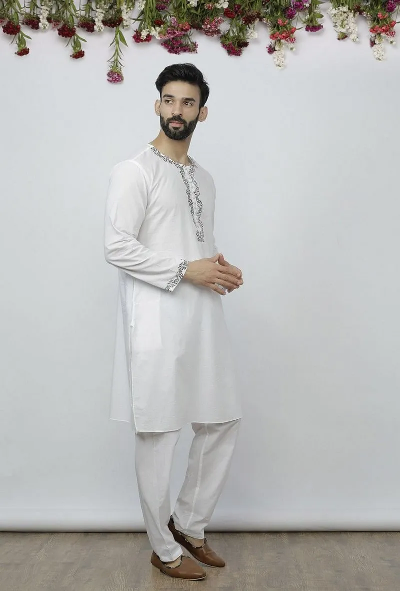 Set of 2: White Cotton Block Print Kurta and Salwar