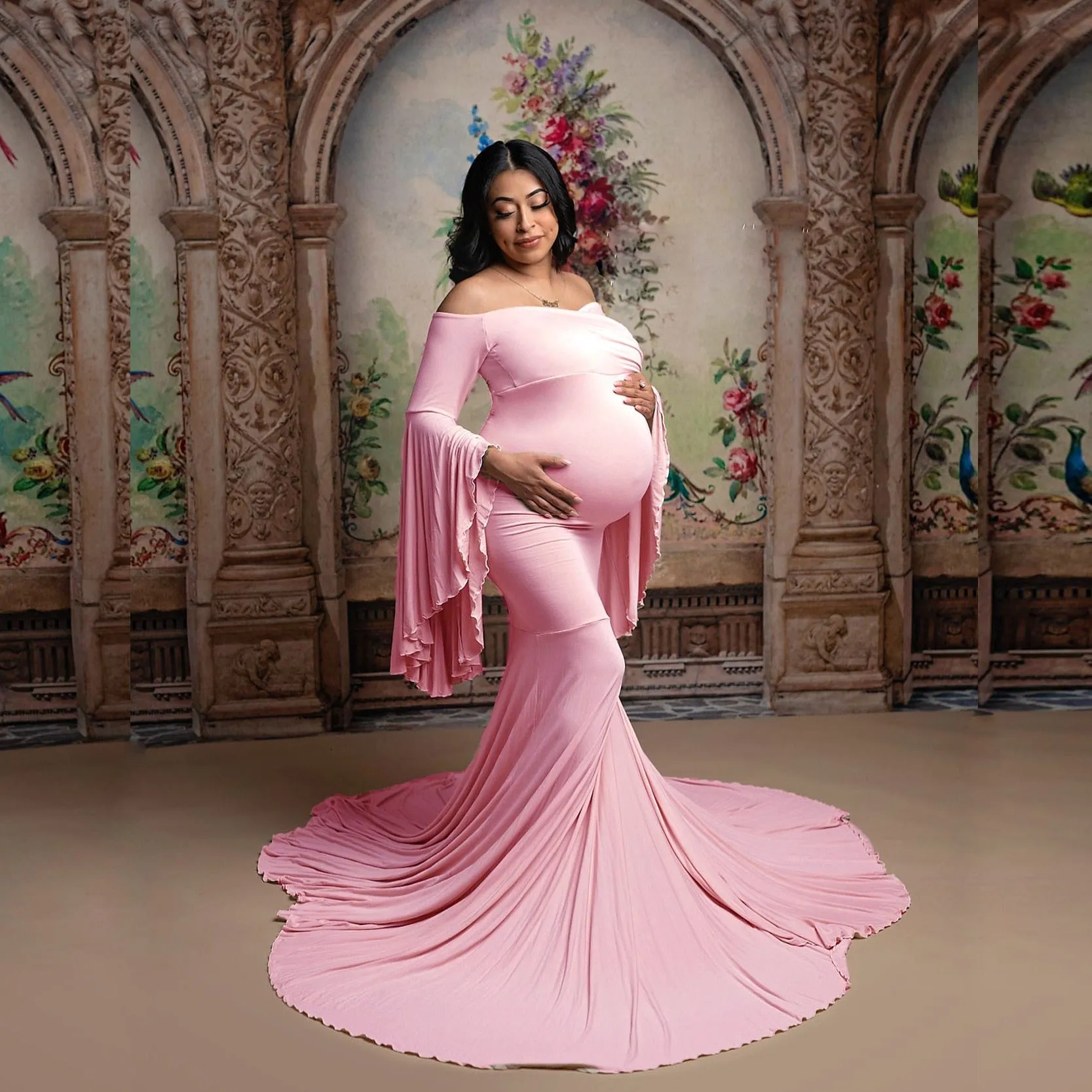 Sexy Maternity Trumpet Sleeve Cotton Dress for Photoshoot