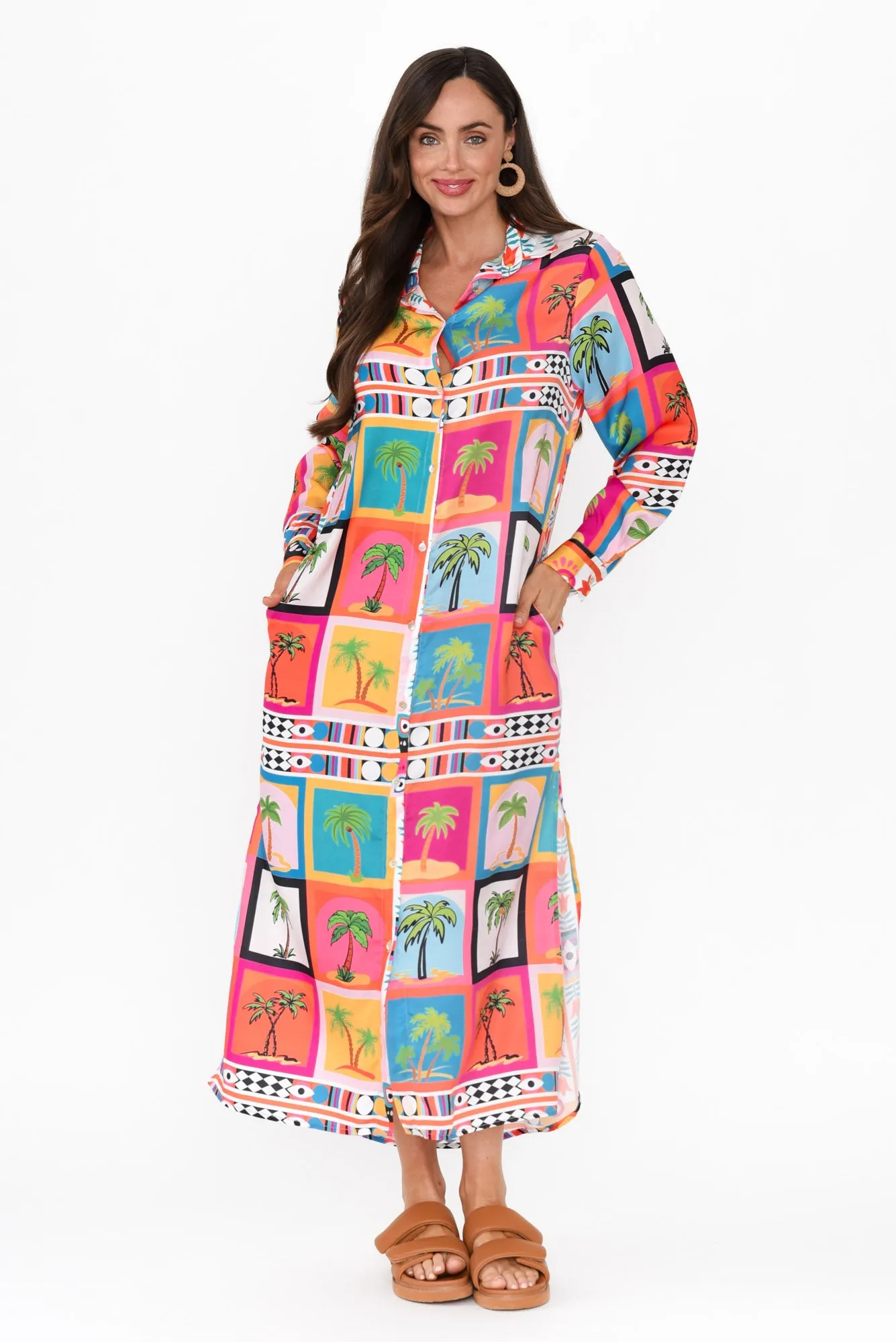 Shayli Pink Tropical Shirt Dress