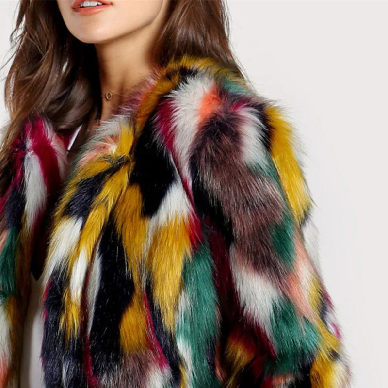 SHEIN Women Elegant Fur Coats Colorful Faux Fur Coat Multicolor Long Sleeve Collarless Casual Woman Winter Fur Coats