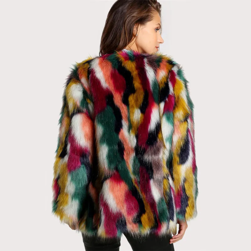 SHEIN Women Elegant Fur Coats Colorful Faux Fur Coat Multicolor Long Sleeve Collarless Casual Woman Winter Fur Coats