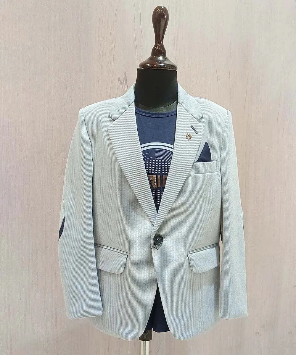 Sky Blue Self-Striped Blazer with Navy T-Shirt for Boys