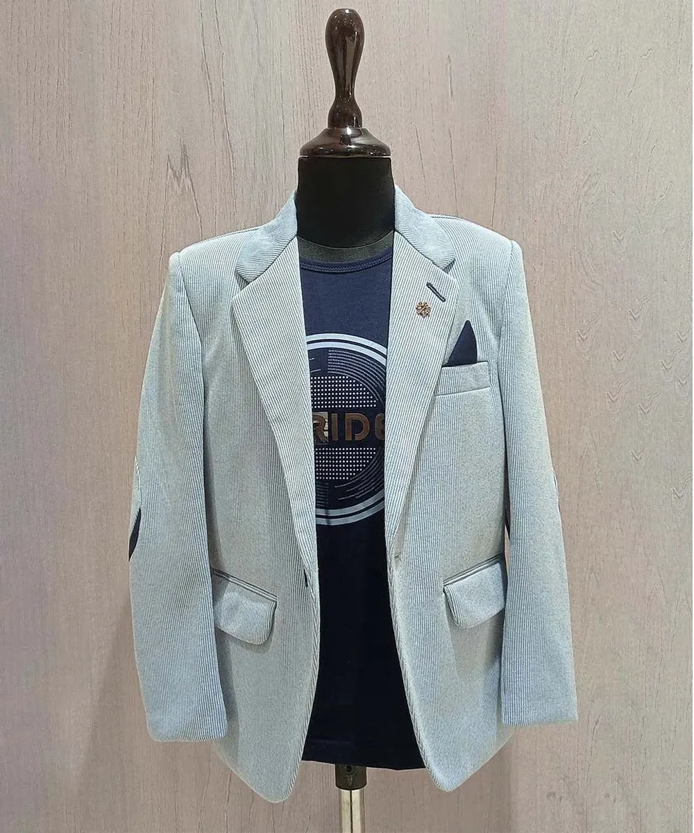 Sky Blue Self-Striped Blazer with Navy T-Shirt for Boys