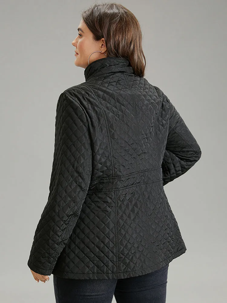 Solid Buckle Detail Zipper Quilted Coat