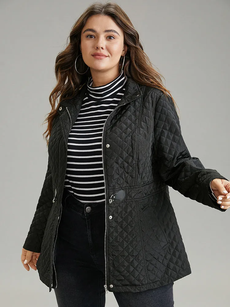 Solid Buckle Detail Zipper Quilted Coat