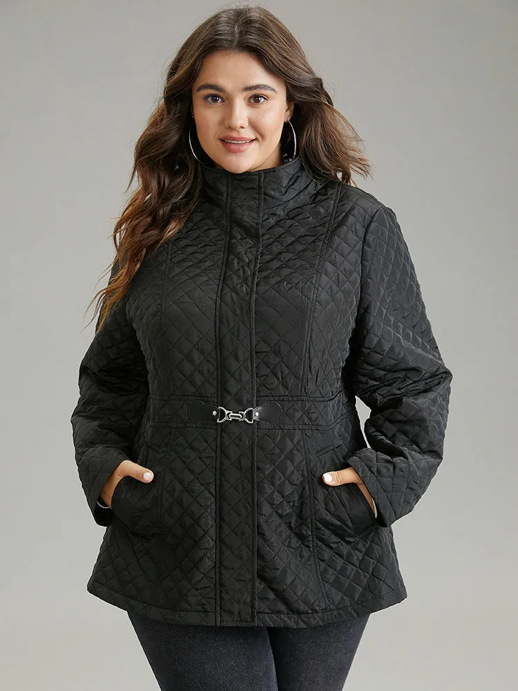 Solid Buckle Detail Zipper Quilted Coat