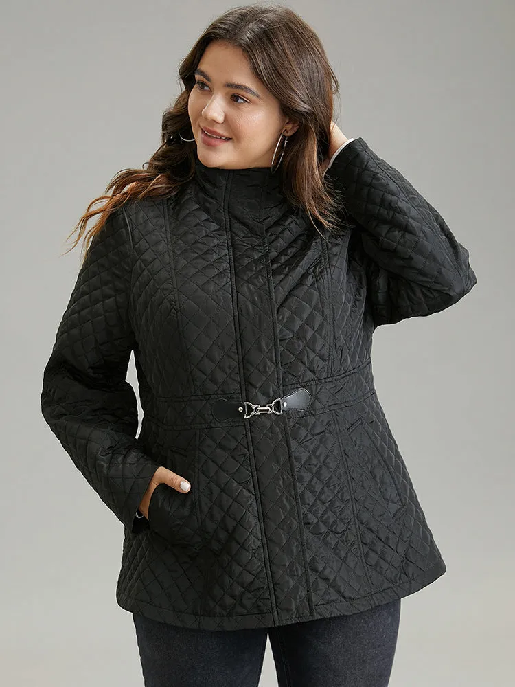 Solid Buckle Detail Zipper Quilted Coat