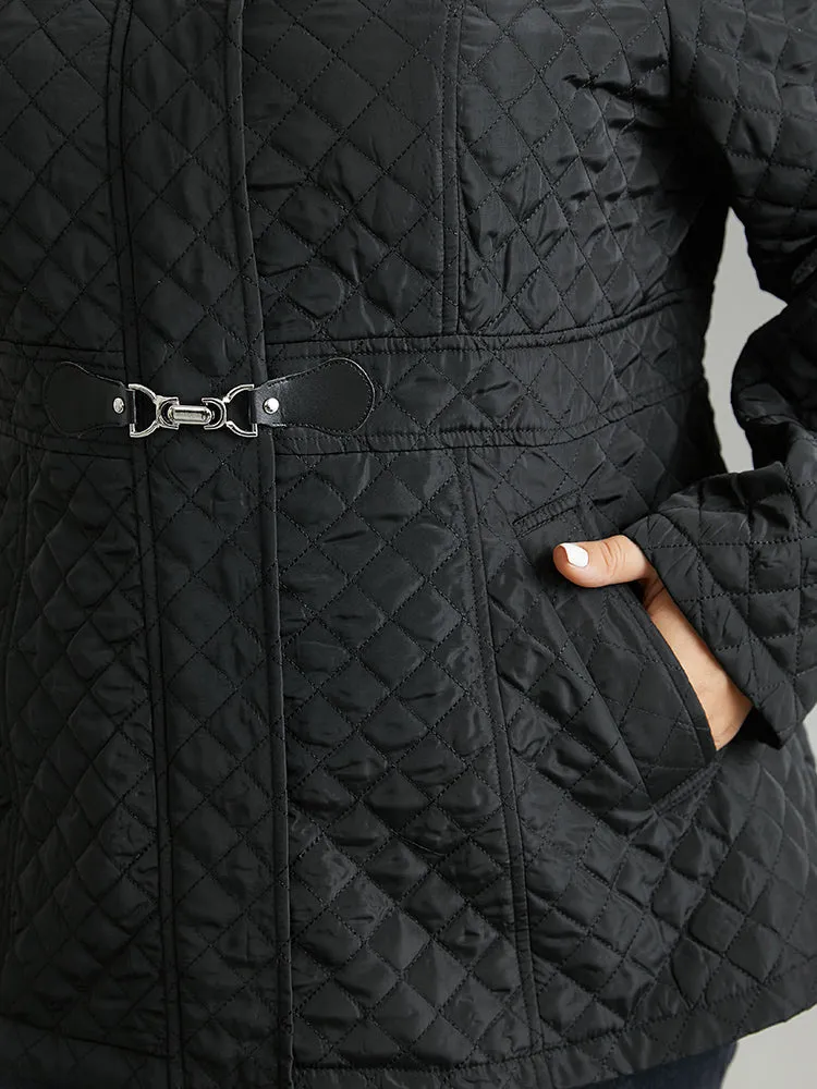 Solid Buckle Detail Zipper Quilted Coat