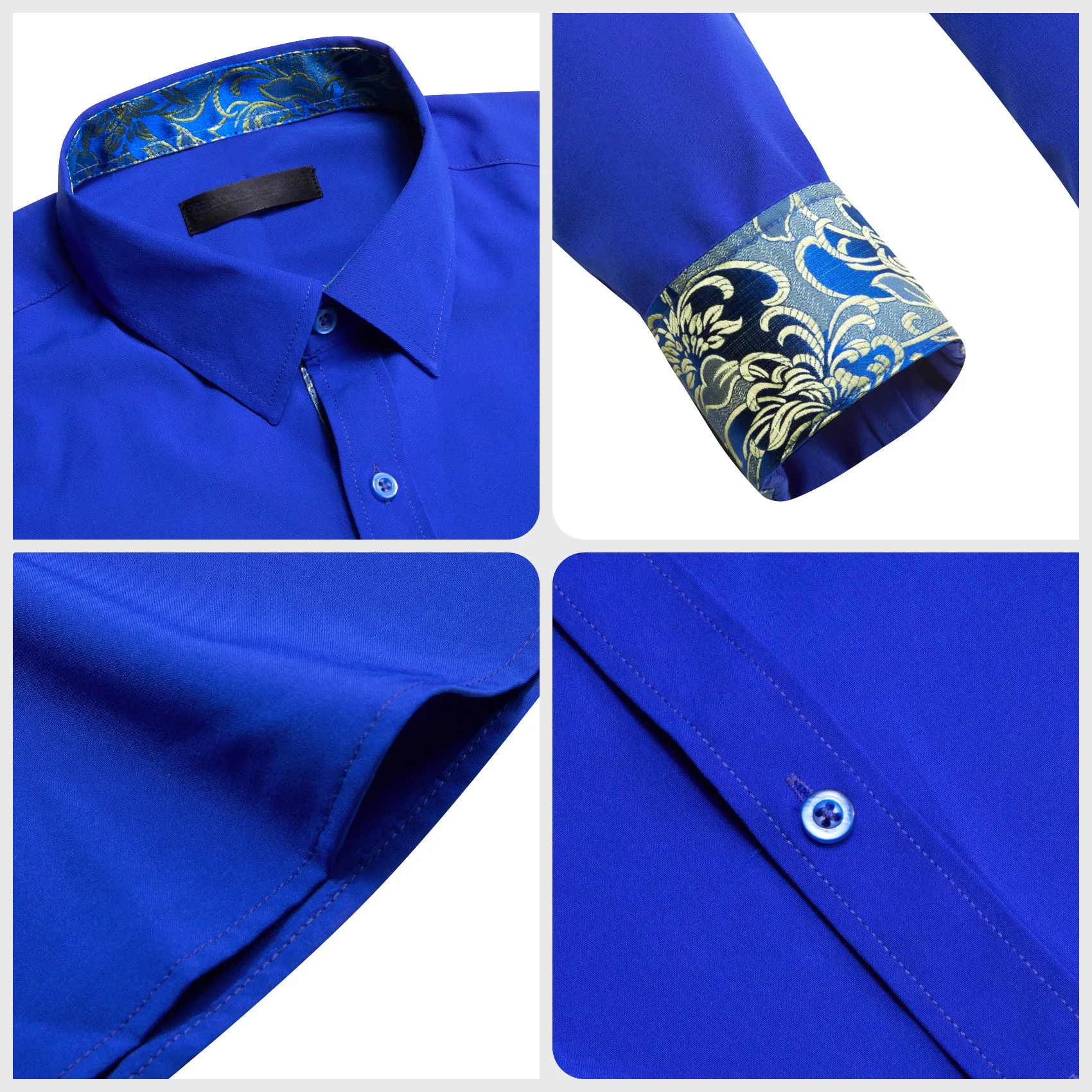 Splicing Style Klein Blue with Yellow Floral Edge Men's Long Sleeve Shirt