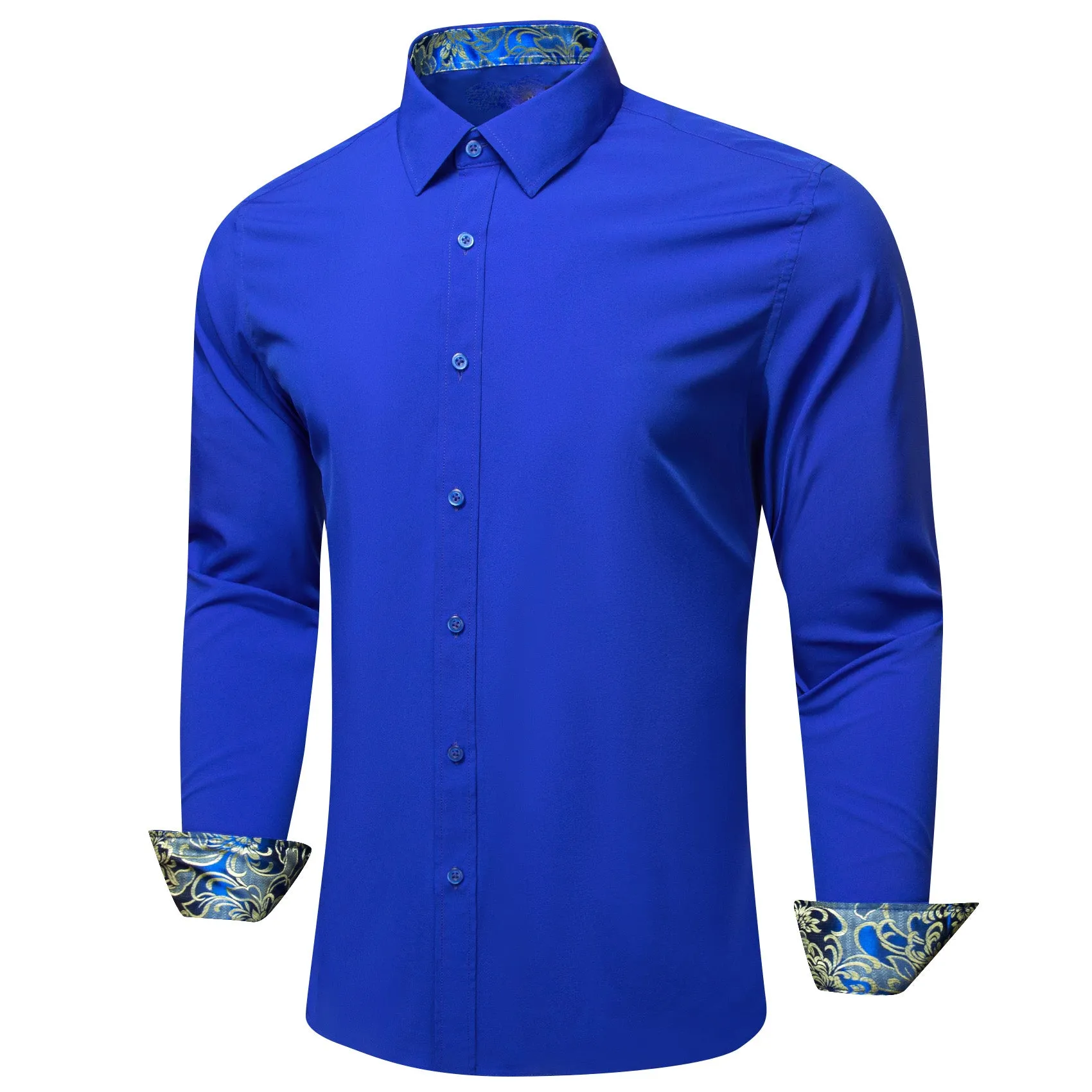 Splicing Style Klein Blue with Yellow Floral Edge Men's Long Sleeve Shirt