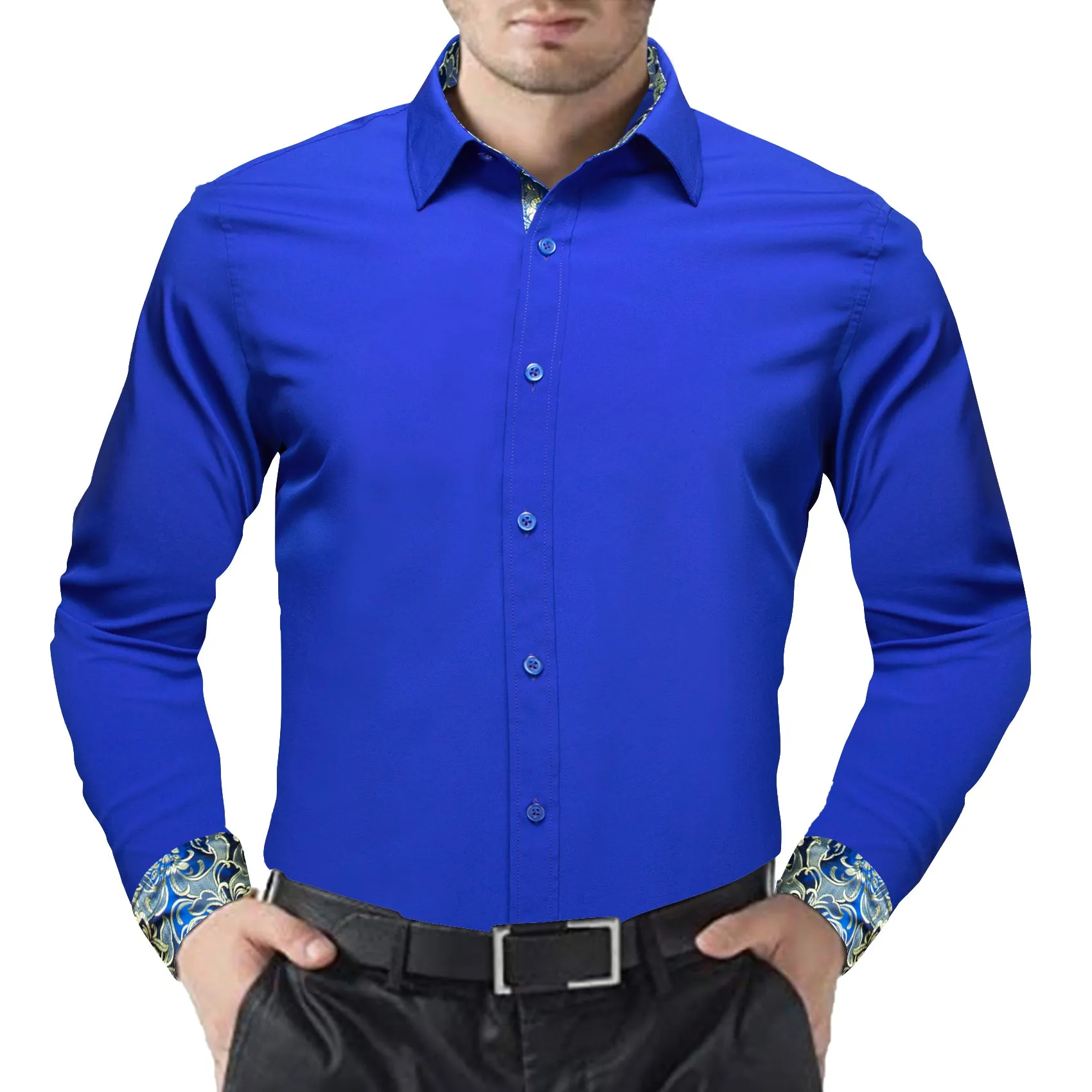 Splicing Style Klein Blue with Yellow Floral Edge Men's Long Sleeve Shirt