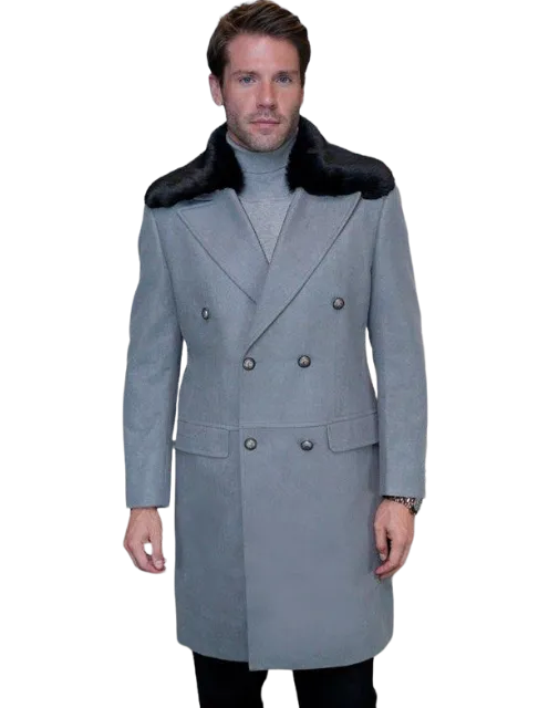 Statement Men's Double Breasted Gray Overcoat  With Fur Regular-Fit