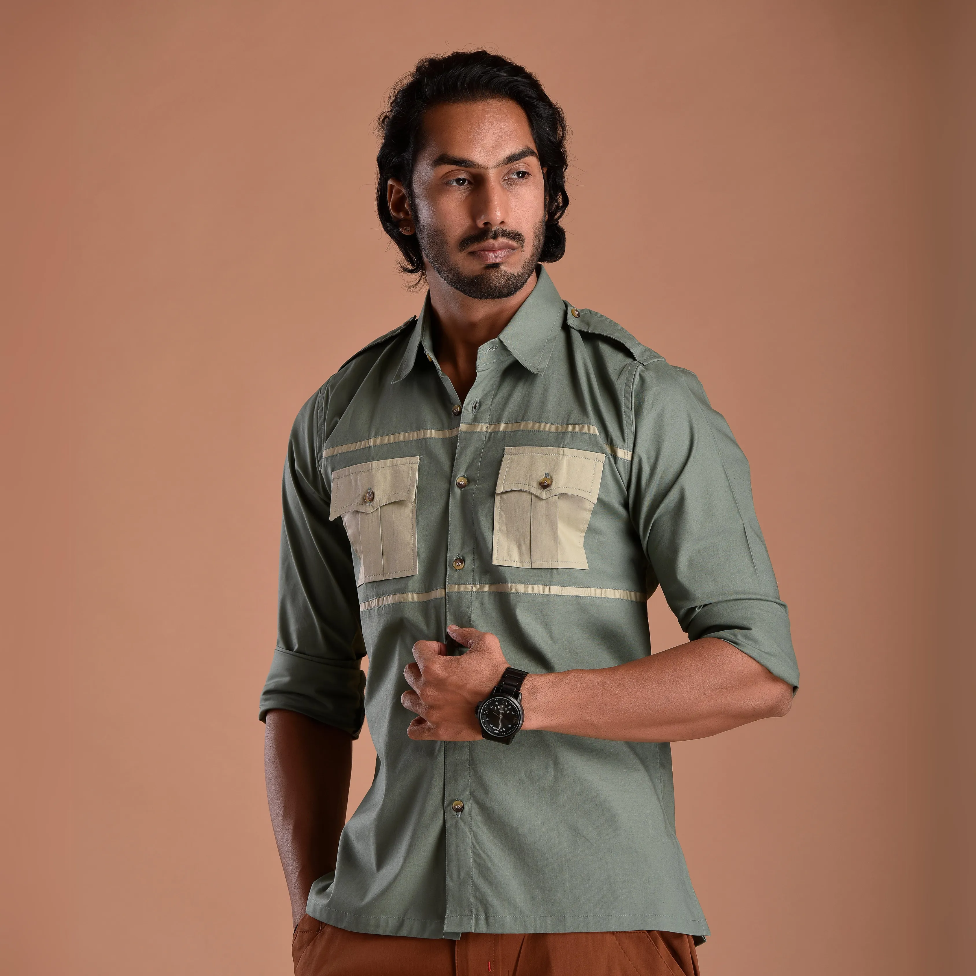 Stylish Basil Green Hunting Style Shirt