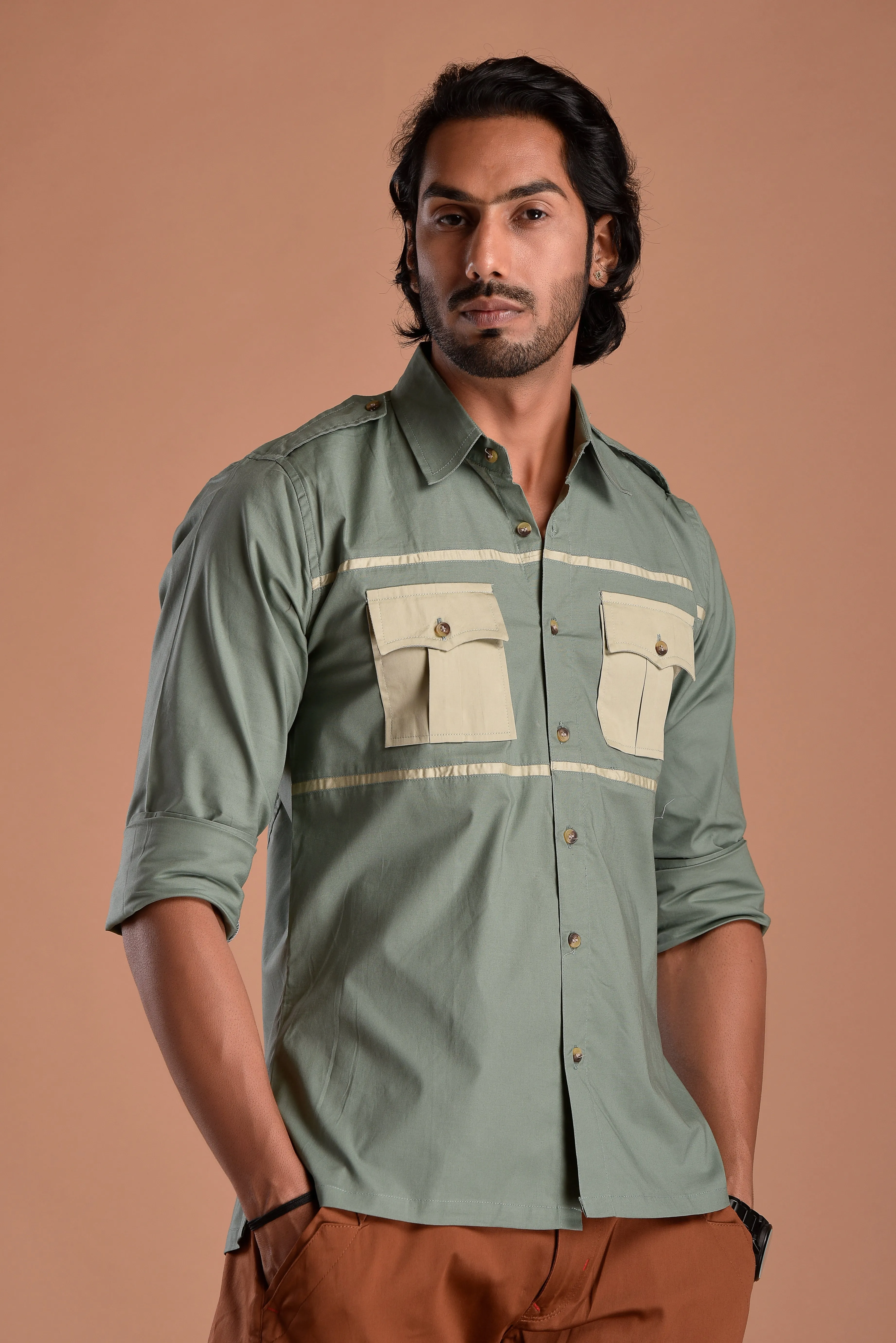 Stylish Basil Green Hunting Style Shirt