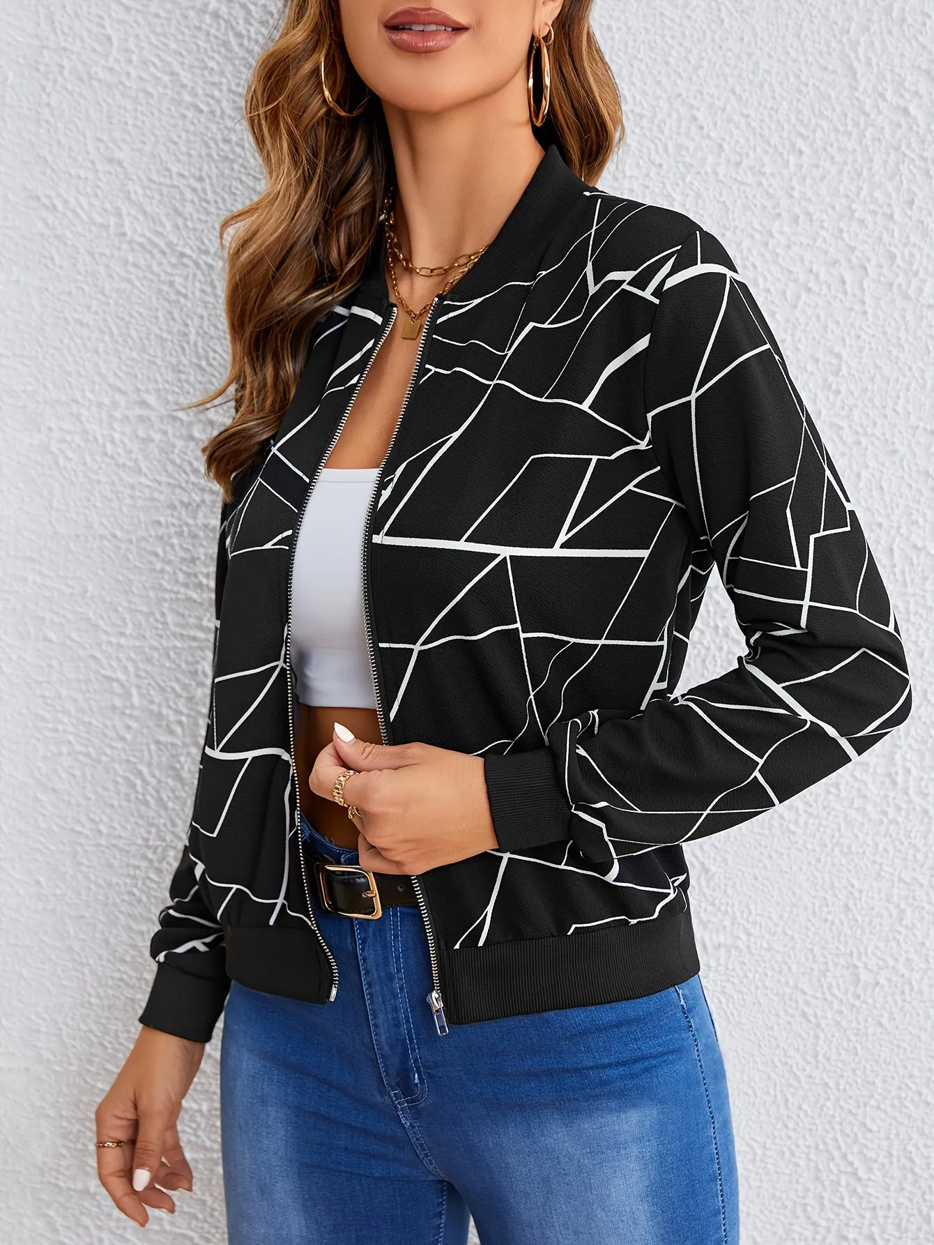 Stylish Geo Print Zipper Jacket Perfect for Spring  Fall