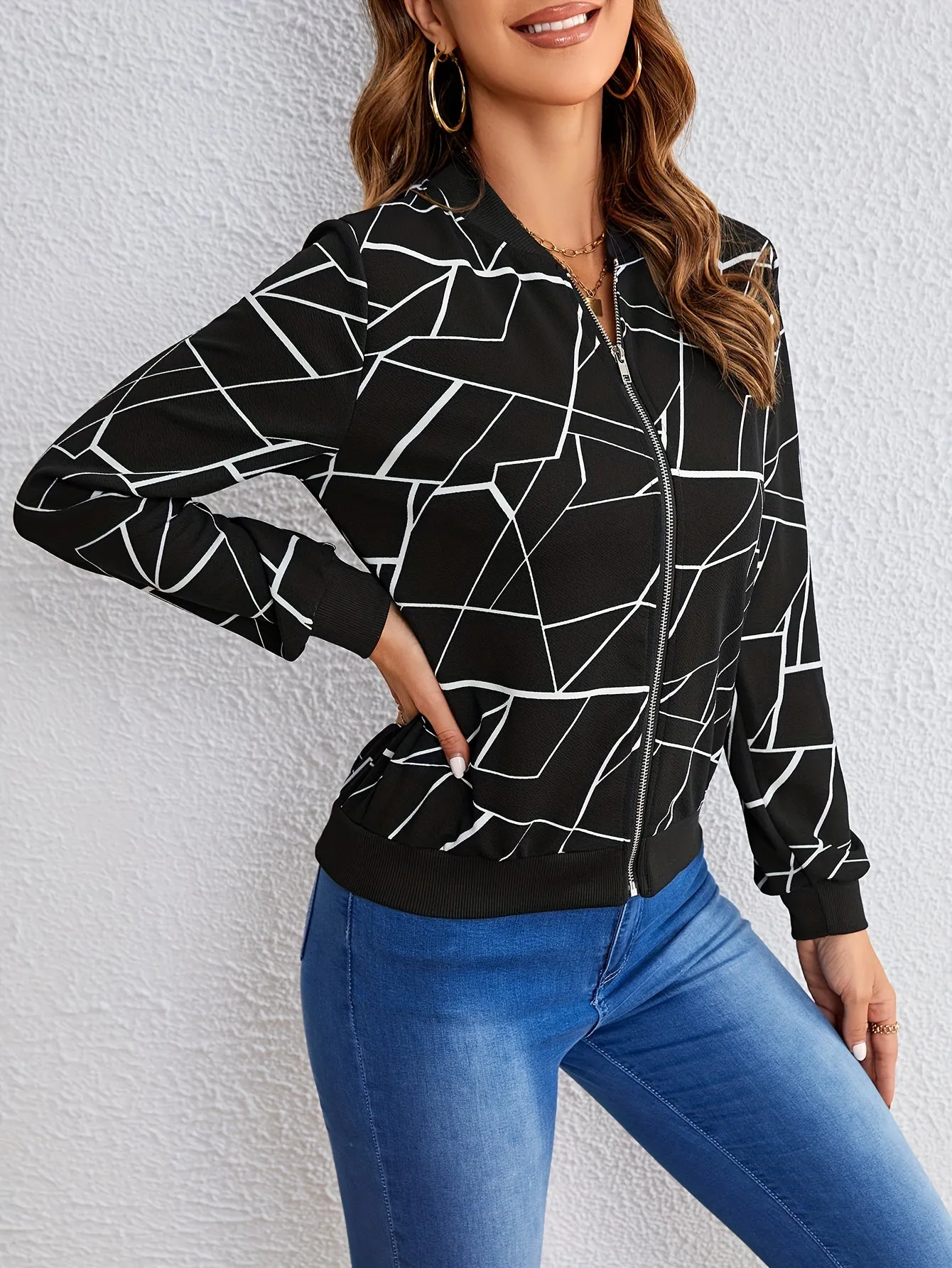 Stylish Geo Print Zipper Jacket Perfect for Spring  Fall