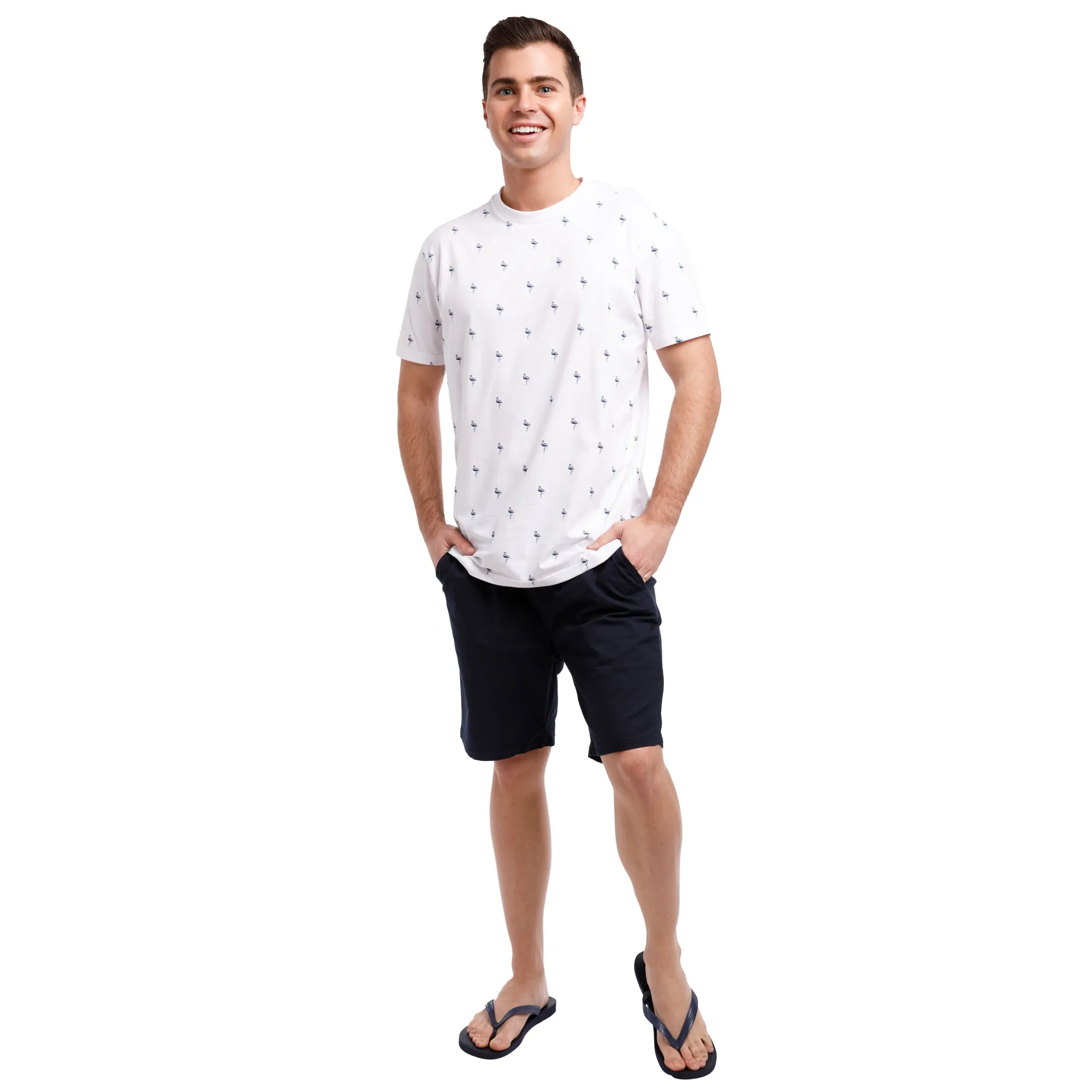 Super Soft Jersey Short Sleeve Printed Crew Neck Tee | Navy Flamingos