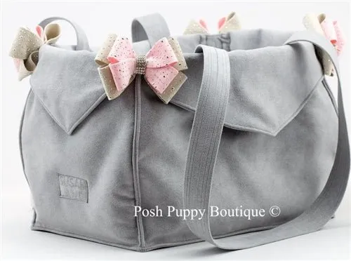 Susan Lanci Luxury Purse Carrier Collection- Ultrasuede in Platinum and Puppy Pink Nouveau Bow