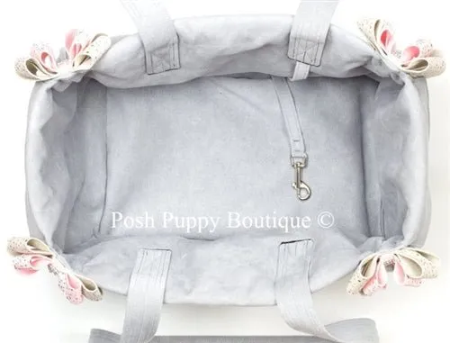 Susan Lanci Luxury Purse Carrier Collection- Ultrasuede in Platinum and Puppy Pink Nouveau Bow