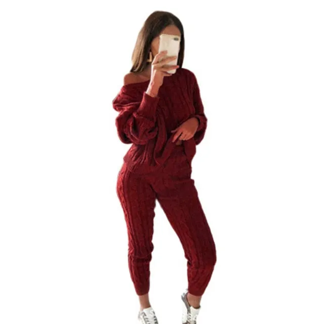 Sweater Set Ladies Warm Knitted Sets O Neck