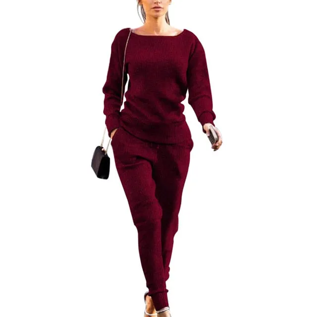 Sweater Set Ladies Warm Knitted Sets O Neck