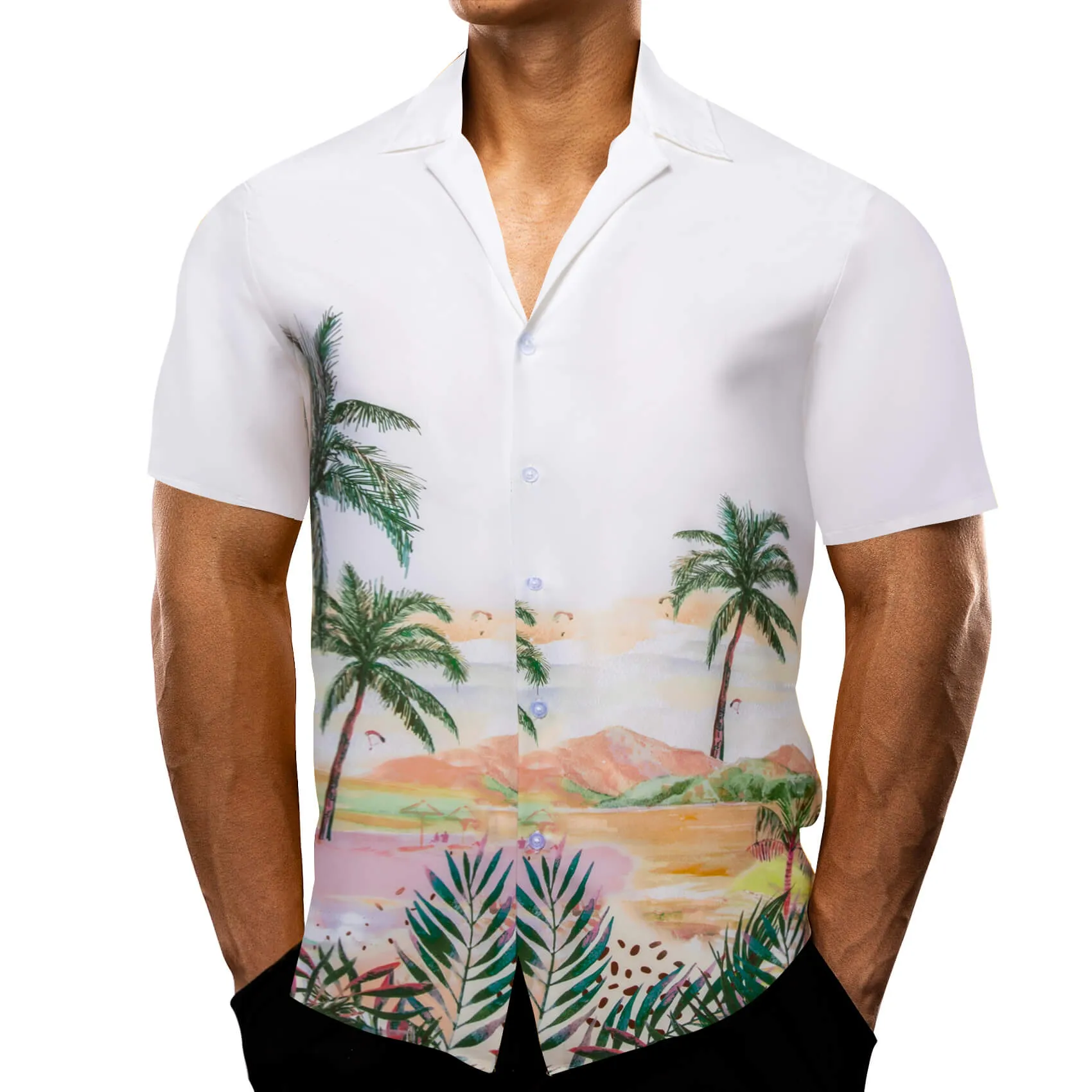 Ties2you Short Sleeves Shirt White Deep Green Men's Summer Beach Leisure Shirt