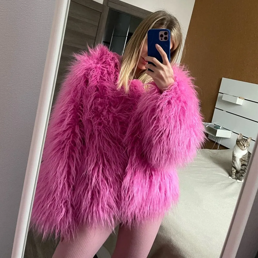 Top Fashion Pink Faux Fur Jacket