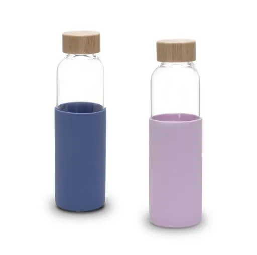 Urbane Home Water Bottle | Glass Bottle | Sleeve Protection Bottle | Bamboo Lid Water Bottle | Travel Round Bottle | XB5501-PURP-Blue | 550 ML | Set of 2 | Purple-Blue