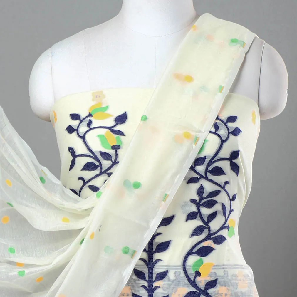 White - 2pc Bengal Jamdani Silk Cotton Suit Material Set 09