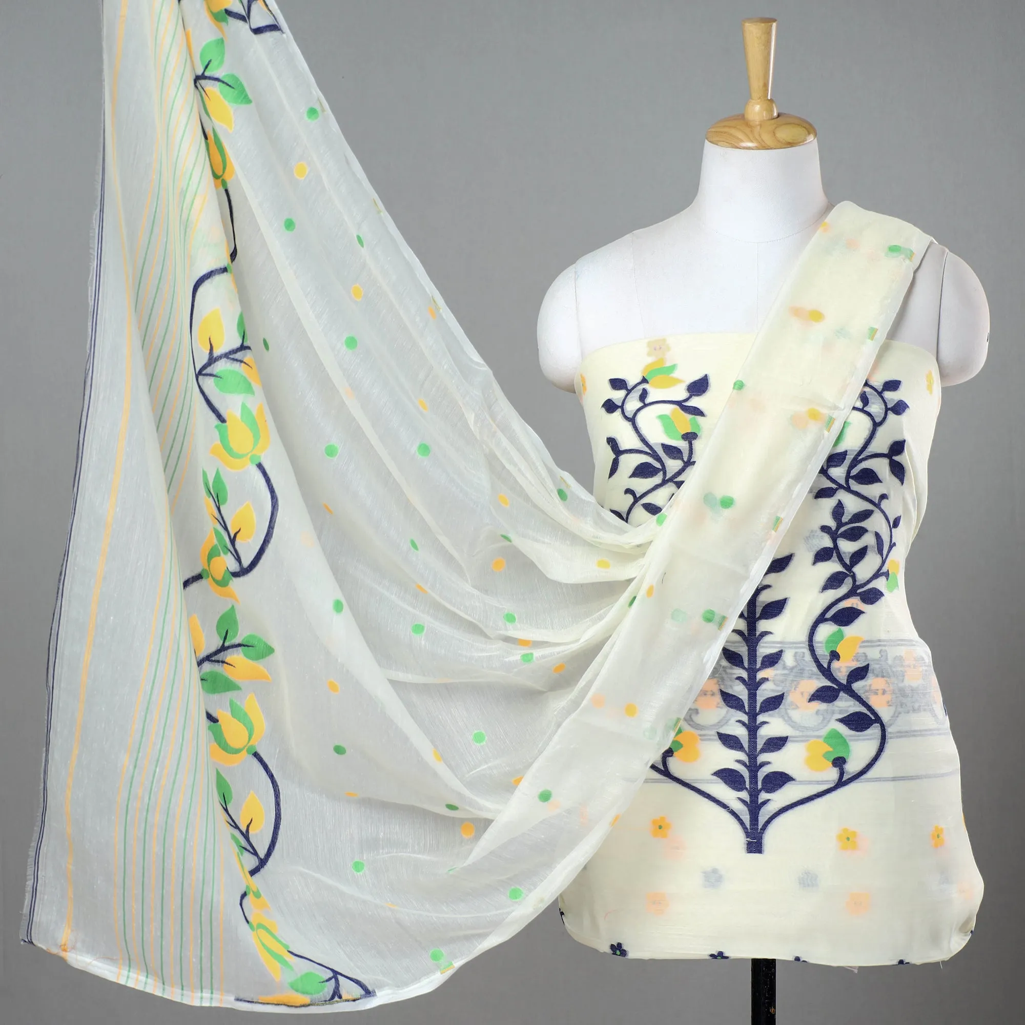 White - 2pc Bengal Jamdani Silk Cotton Suit Material Set 09