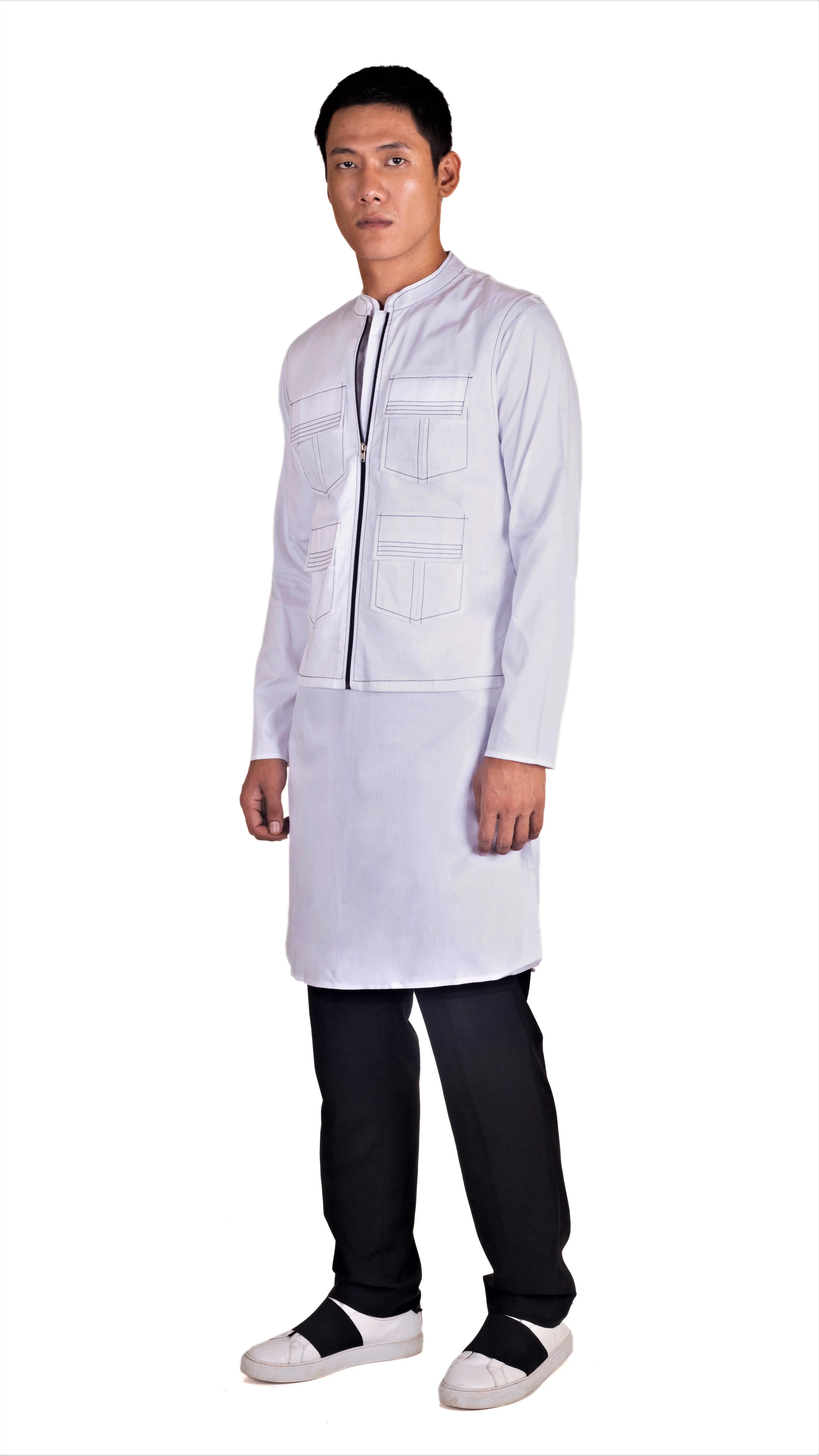 WHITE 4 POCKETED SHACKET & KURTA MONOCHROME SET