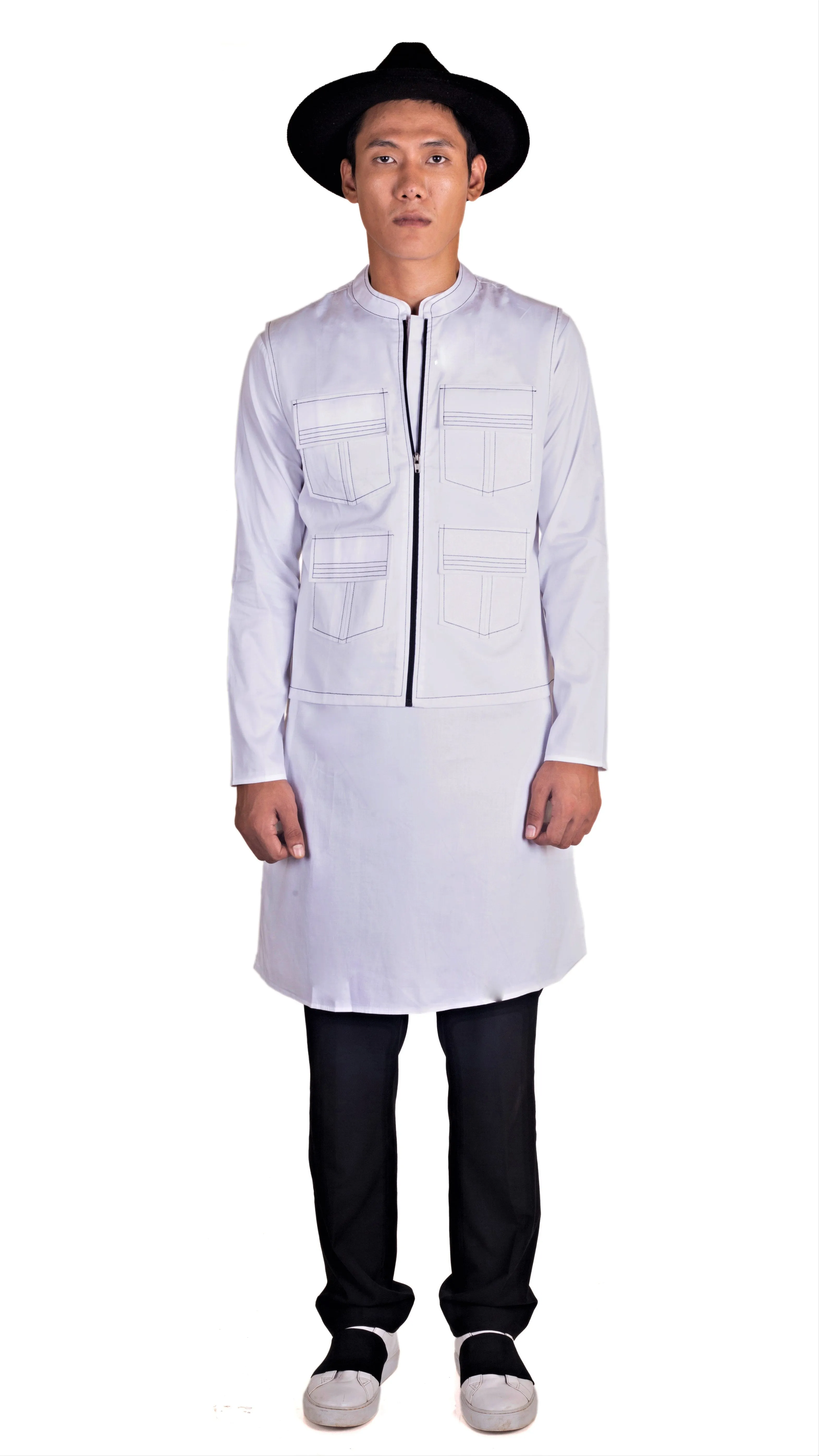 WHITE 4 POCKETED SHACKET & KURTA MONOCHROME SET