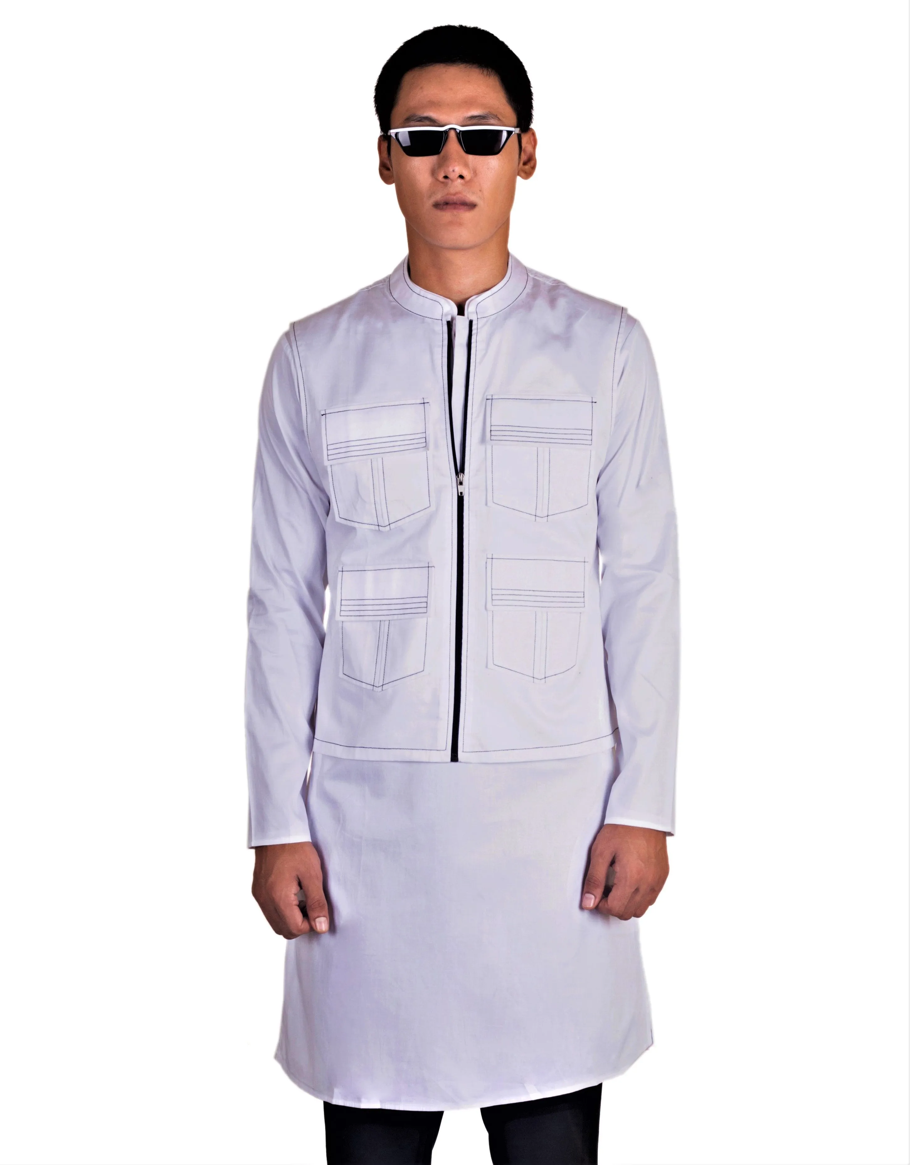 WHITE 4 POCKETED SHACKET & KURTA MONOCHROME SET