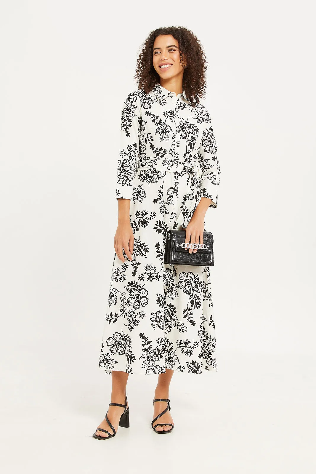 Women Black And White Printed Shirt Dress