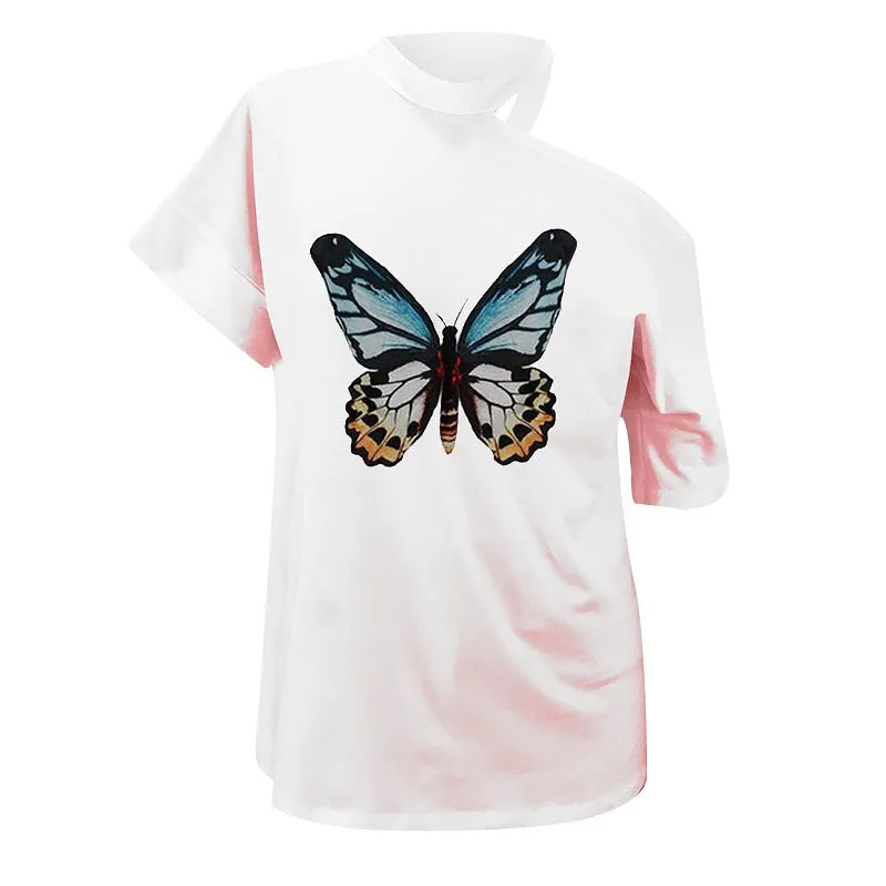 Womens Butterfly Printed Off Shoulder Sexy Casual T-shirt