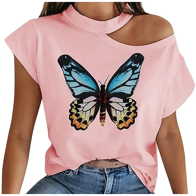 Womens Butterfly Printed Off Shoulder Sexy Casual T-shirt