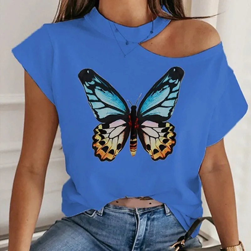 Womens Butterfly Printed Off Shoulder Sexy Casual T-shirt