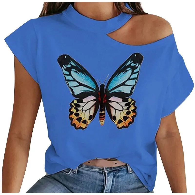 Womens Butterfly Printed Off Shoulder Sexy Casual T-shirt