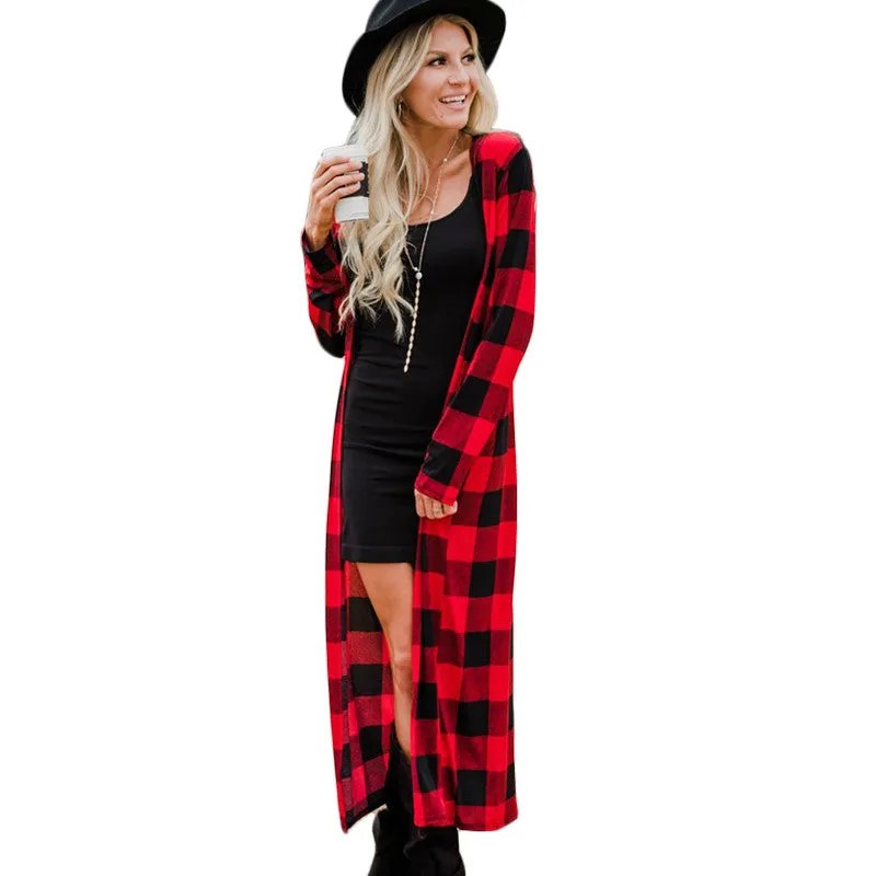 Women’s Plaid Cardigan Coat Casual Long Sleeve Duster Coat