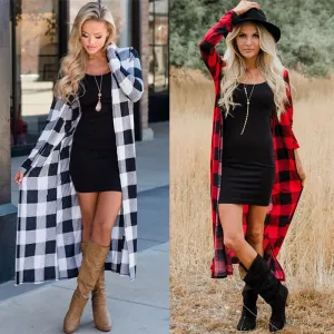 Women’s Plaid Cardigan Coat Casual Long Sleeve Duster Coat