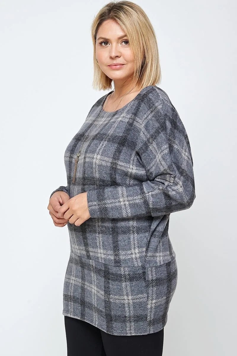 Women's Plus Boat Neck, Plaid Print Tunic Top, With Long Dolman Sleeves