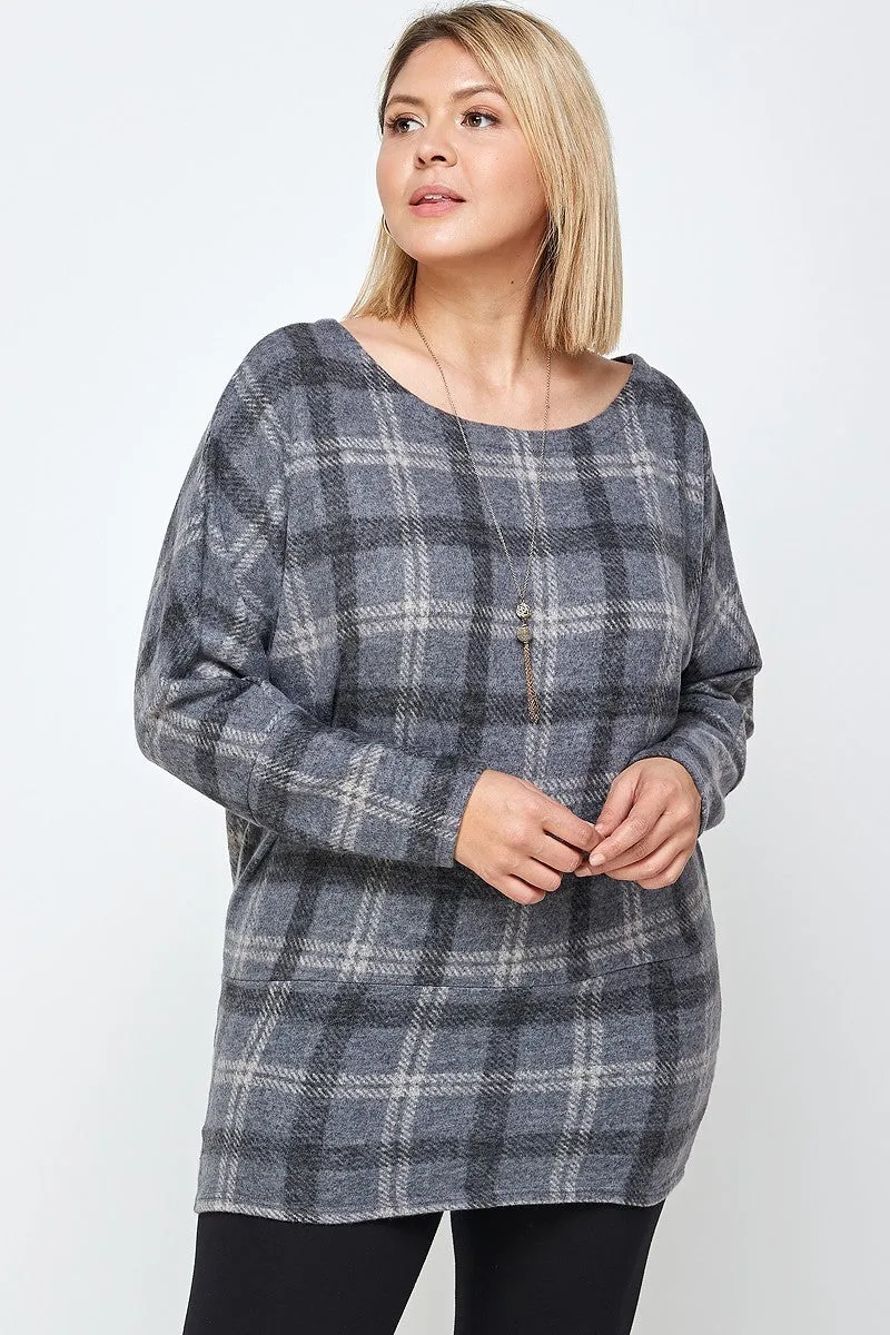 Women's Plus Boat Neck, Plaid Print Tunic Top, With Long Dolman Sleeves