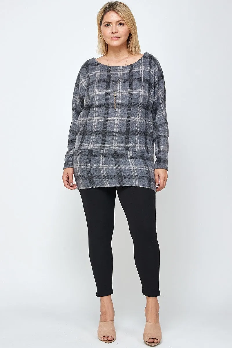 Women's Plus Boat Neck, Plaid Print Tunic Top, With Long Dolman Sleeves