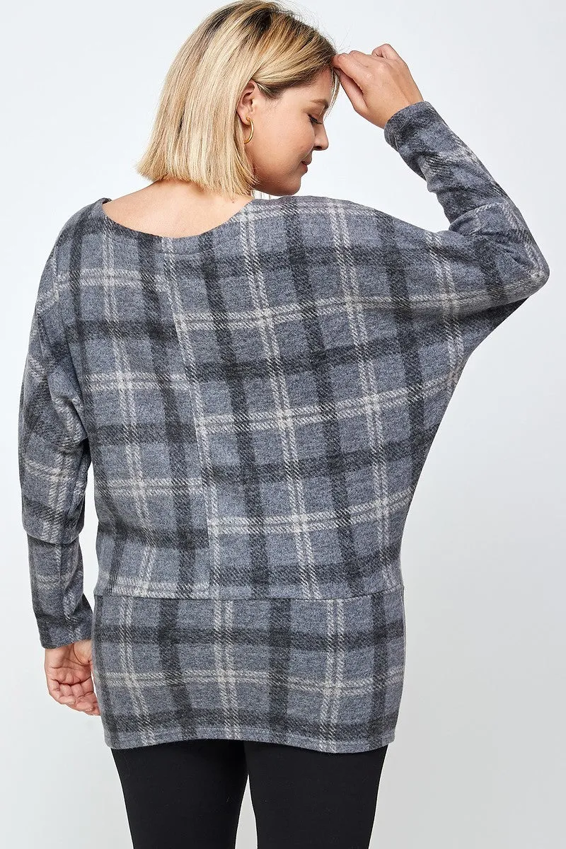 Women's Plus Boat Neck, Plaid Print Tunic Top, With Long Dolman Sleeves