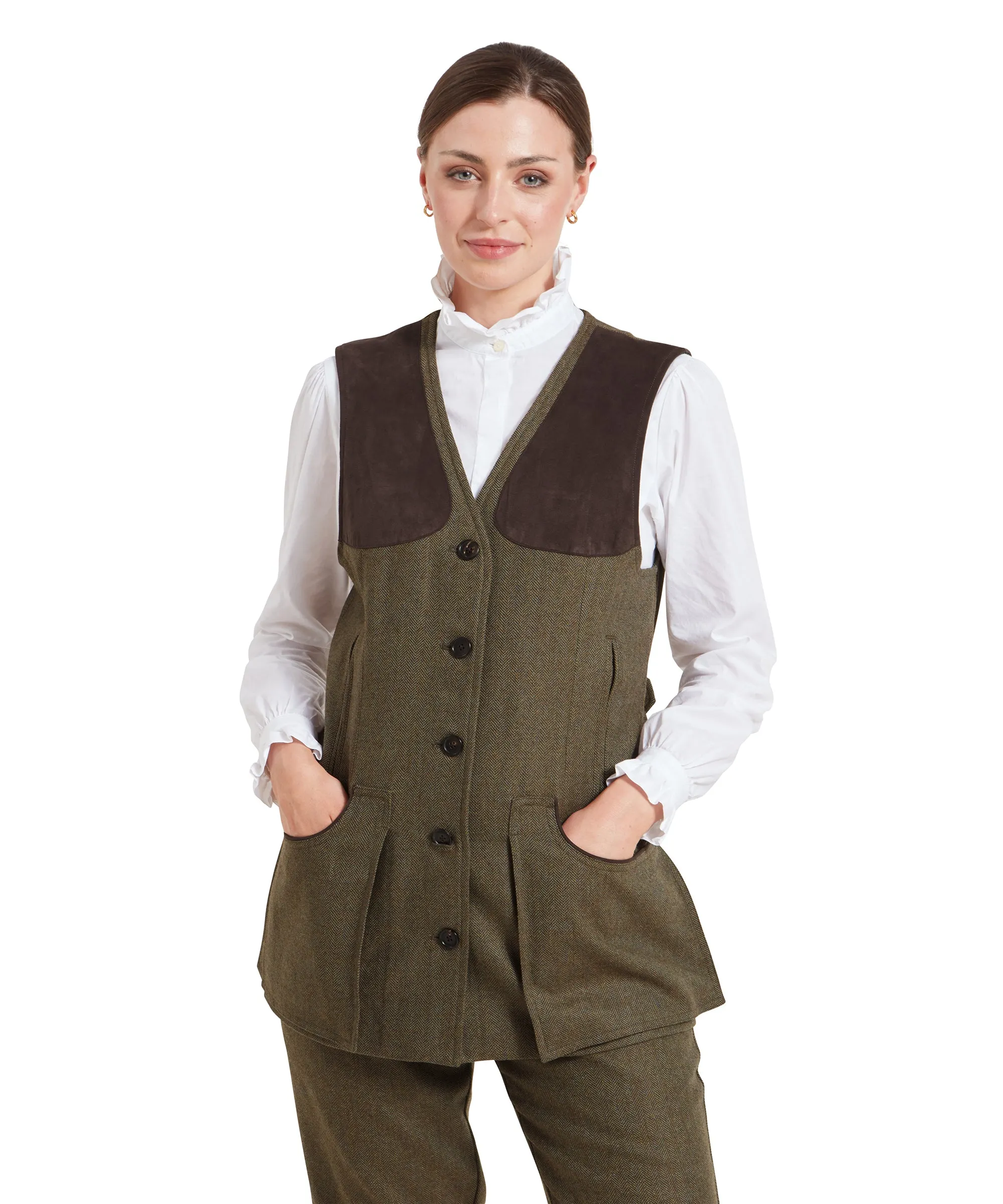 Women's Tweed Shooting Vest - Loden Green Herringbone Tweed